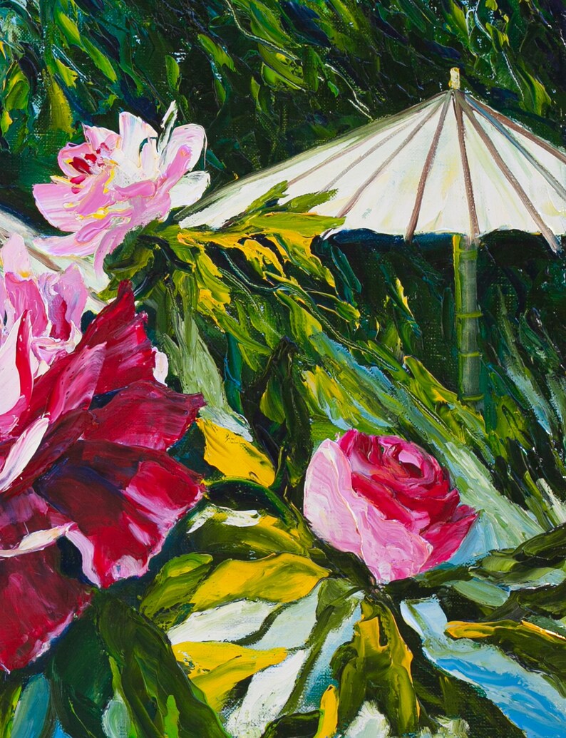 Japanese garden Umbrellas for Peonies Original Oil Painting Sunshine Gardening Collectible Art Gift 45x60cm afbeelding 4