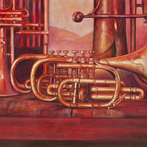 Brass Original Oil Painting Trumpets Still Life Collectible Art Music Gift 50x40cm