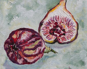 Origineel olieverfschilderij van vijgen, kleine canvaskunst (4 x 4")