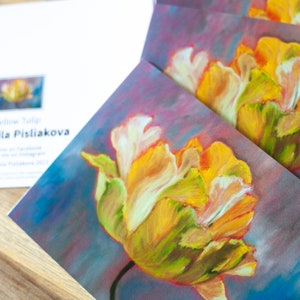 Biglietti d'auguri (set di 3) Tulipano giallo creato dall'opera originale di Liudmila Pisliakova 15 x 15 cm