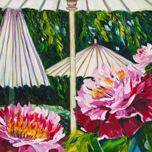 Japanese garden Umbrellas for Peonies Original Oil Painting Sunshine Gardening Collectible Art Gift 45x60cm afbeelding 5