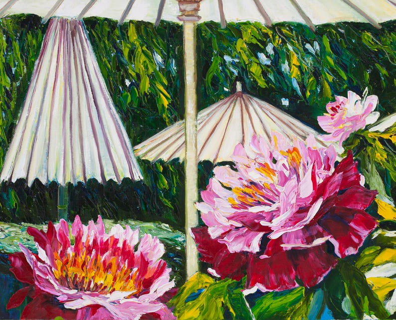 Japanese garden Umbrellas for Peonies Original Oil Painting Sunshine Gardening Collectible Art Gift 45x60cm afbeelding 5