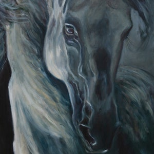 Silver Horse Original Oil Painting Grey Warm Tones Animal Portrait Collectible Art Gift 40x80cm