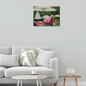 Japanese garden Umbrellas for Peonies Original Oil Painting Sunshine Gardening Collectible Art Gift 45x60cm afbeelding 9