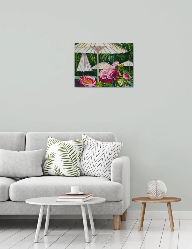 Japanese garden Umbrellas for Peonies Original Oil Painting Sunshine Gardening Collectible Art Gift 45x60cm afbeelding 9