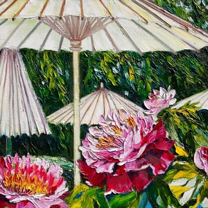 Japanese garden Umbrellas for Peonies Original Oil Painting Sunshine Gardening Collectible Art Gift 45x60cm afbeelding 7
