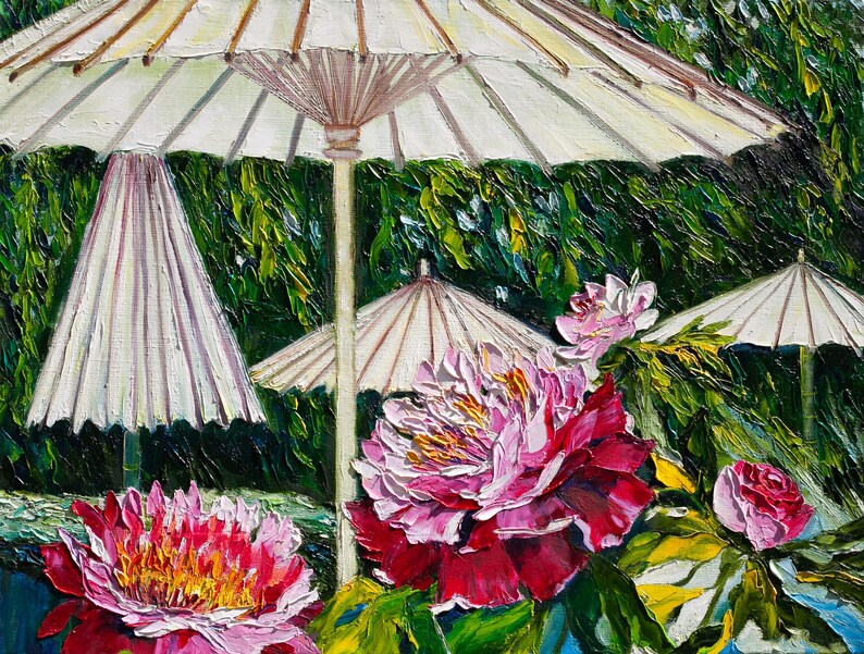 Japanese garden Umbrellas for Peonies Original Oil Painting Sunshine Gardening Collectible Art Gift 45x60cm afbeelding 7