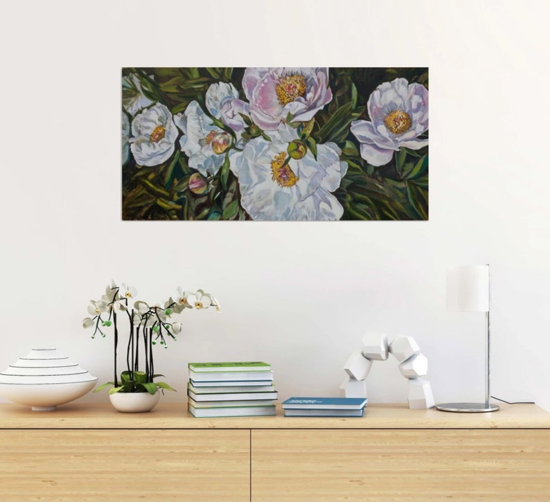 Peonies Original Oil Painting Floral Collectible Art 40x80cm image 7