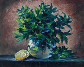 Oil Painting Mint and Lemon Original Artwork Home Decor Wall Decor Wall Hanging Art Still Life 16"x20" impasto