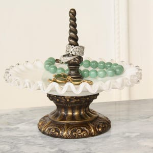 Repurposed Glass Dish-Brass Ring Holder-Ruffled Glass Dish w Brass Finial-Repurposed Ring Holder-Glass Ring Display-Jewelry Stand Organizer