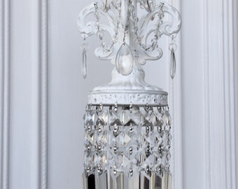 Petite Chic Chandelier-White Distressed Chandelier-Vintage White Shabby Chandelier-Draped Crystal Chandelier-Refurbished Vintage Chandelier