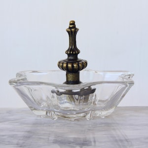 Repurposed Glass Dish-Brass Ring Holder-Recycled Glass Dish w Brass Finial-Repurposed Ring Holder-Glass Ring Display-Jewelry Stand Organizer