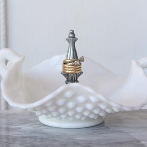 Repurposed Glass Dish-Brass Ring Holder-Hobnail Glass Dish w Brass Finial-Repurposed Ring Holder-Glass Ring Display-Jewelry Stand Organizer