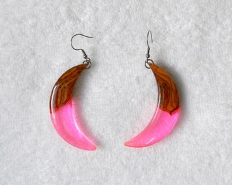 Olive wood and resin half moon earrings with 316 L stainless steel hooks