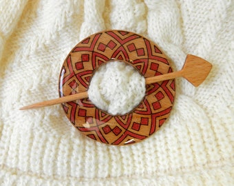 Solid beech wood hand painted mandala shawl pin