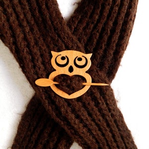 Solid wood owl Shawl Pin ,scarf,sweater image 1