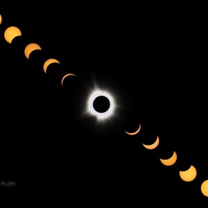 May include: A sequence of images depicting the stages of a solar eclipse, with the sun progressively obscured by the moon. The images begin with the sun fully visible and conclude with the sun almost entirely covered, leaving only a narrow crescent of light visible.