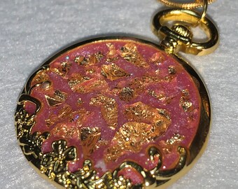PInk and gold leaf resin cast necklace on gold plated 20" chain