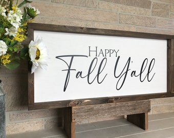 Happy Fall Y'All, farmhouse sign, wood signs, home decor, framed country wood sign, fall decor