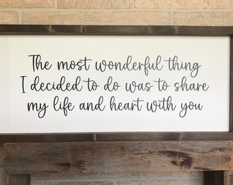 May include: A framed sign with a white background and black text that reads "The most wonderful thing I decided to do was to share my life and heart with you".