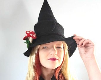 Felted wizard hat,Black Witch hat,  Festival headwear, Halloween witch hat Fun winter felted hat Role playing  Wool witch hat