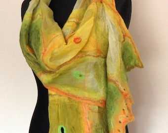 Nuno Felted Shawl, scarf, Merino scarf, Felt silk scarf, Silk wrap, Womens silk scarf, Hand painted scarf, unique scarf, silk scarf