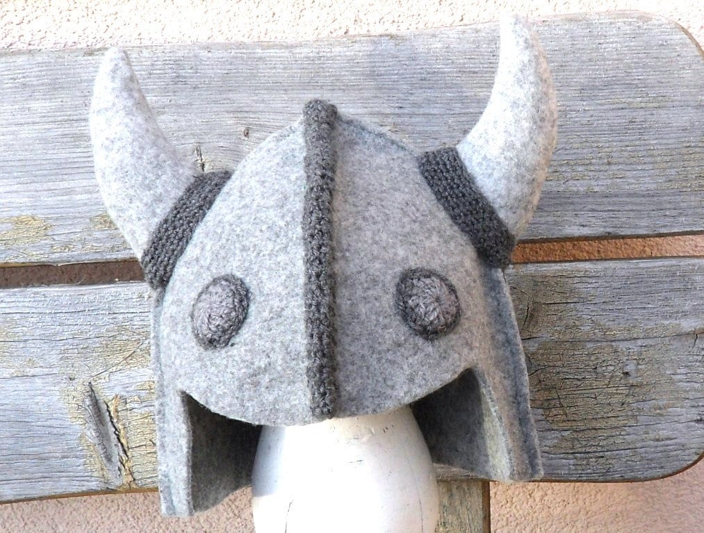 Hat Viking Handmade Medieval Grey White Horns Helmet Knight  Wool Hat