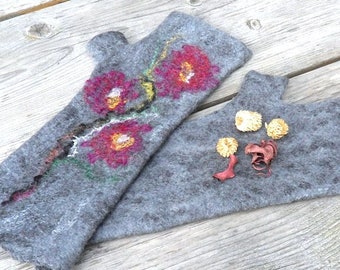 Felted mittens,fingerless mittens,fingerless gloves,wool mittens, Gray mittens,Hand felted,long gloves,  Gray and Purple size S, M,L