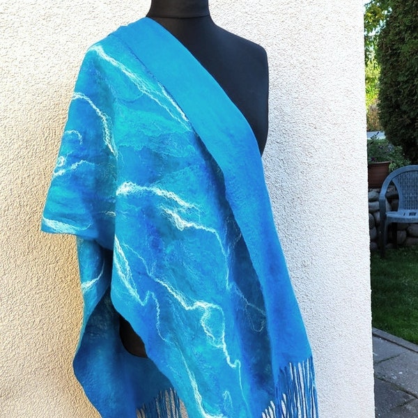 Enveloppe de soie feutrée, écharpe feutrée Nuno, enveloppe Turquoise Wool Wrap , soie , Écharpe surdimensionnée, cadeau pour elle Long et large, Cadeau pour Noël