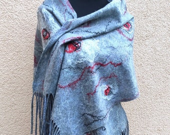 Felted silk wrap, Nuno Felted scarf, wrap scarf, felt scarf, Gray  silk scarf with tassels, Oversized Scarf, gift for her Long and wide wrap