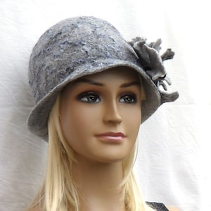 Gray hat Felted hat with flower  Felt hat Great Gatsby hat 1920s hat unique merino wool silk nunofelt nuno retro