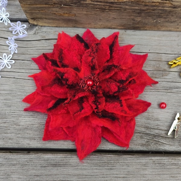 Oversized flower felted brooch, red felted flower brooch, corsage, shawl pin, handmade, lagenlook, flower corsage, wedding,  gift for her