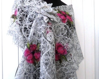 Grijze handgemaakte sjaal, gekke wollen sjaal, opengewerkte sjaal voor vrouwen.