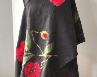 Nuno felting Shawl/  Black  with red poppies /wool painted silk scarf / Handmade felted scarf / merino wool / Wool Scarf
