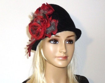 Black hat Felted hat with flower  Felt hat Great Gatsby hat 1920s hat unique merino wool silk nunofelt nuno retro