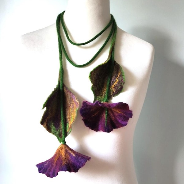 Handmade Felted Merino Wool Flower Necklace: Fiber Art Scarf