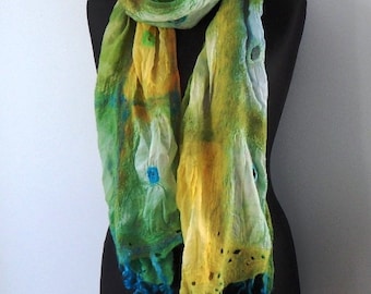 Hand felted nuno Scarf Shawl  merino wool and pure silk wool cape  turquoise blue green scarf felted art wool wrap Gift for women