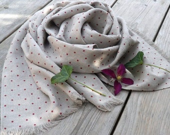 Soft Pure LINEN Scarf,  Summer Scarf  natural scarf   linen fabric  Boho Style Natural Flax OrganicSoftened linen   grey with red polka dots