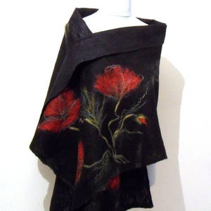 Poppy shawlFelted Scarf Poppy scarf Red Poppies Art Wrap Artistic Shawl Nuno felt Scarves Felt black Nuno felt wearable art Silk Fiber Art