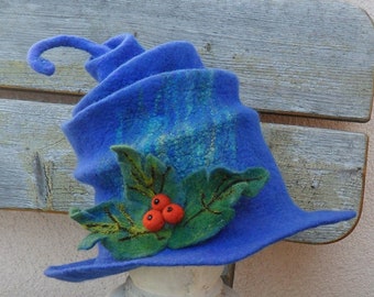 Felted wizard hat, Blue Witch hat,  Festival headwear, Halloween witch hat Fun winter felted hat Role playing  Wool witch hat