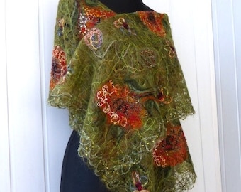 OLIVE GREEN handmade openwork shawl for women. crazy wool wrap. orange green lemon pumpkin halloween