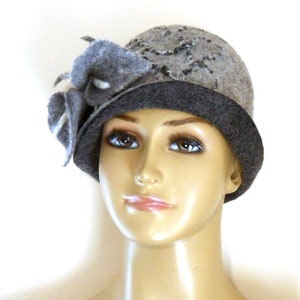 Gray hat Felted hat with flower  Felt hat Great Gatsby hat 1920s hat unique merino wool silk nunofelt nuno retro