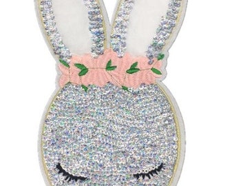 Easter Embroidered//Sequin Iron On Applique Patch Bunny Rabbit Lily