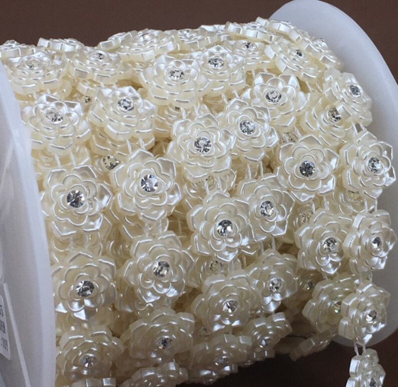 Wholesale lot 20YDS ivory ABS pearl rhinestone rose Flower Lace Trim DIY wedding decoration dress bridal hair accesory 20mm