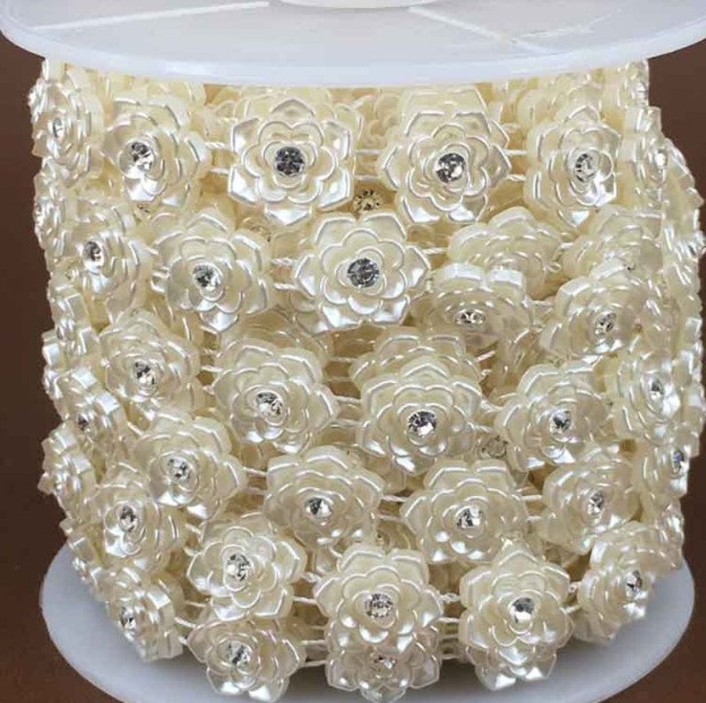 Wholesale lot 20YDS ivory ABS pearl rhinestone rose Flower Lace Trim DIY wedding decoration dress bridal hair accesory 20mm
