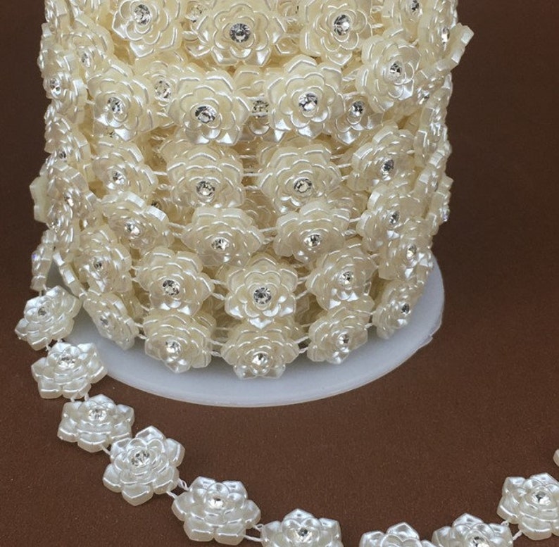 Wholesale lot 20YDS ivory ABS pearl rhinestone rose Flower Lace Trim DIY wedding decoration dress bridal hair accesory 20mm