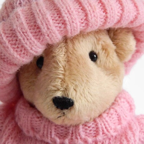 OOAK Plush Artist Teddy Bear dressed in pink sweater and hat, non-jointed stuffed collectible handmade teddy bear, plush stuffed animal bear