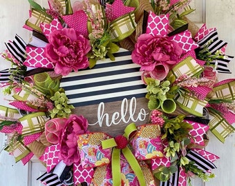 Spring Summer Welcome Wreath, Everyday Wreath, Pink and Green Wreath, Hello Wreath, Spring Summer Decor, Mother's Day Gift
