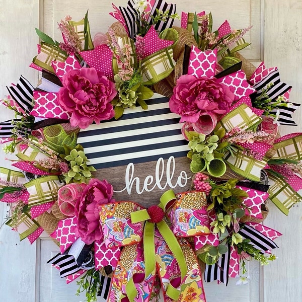 Spring Summer Welcome Wreath, Everyday Wreath, Pink and Green Wreath, Hello Wreath, Spring Summer Decor, Mother's Day Gift