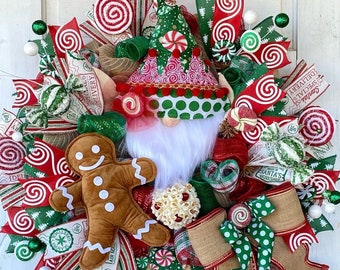 XL Holiday Elf Wreath, Christmas Wreath, Candy Elf Wreath, Christmas Decor, Elf Decor, Red and Emerald Xmas Decor, Christmas Door